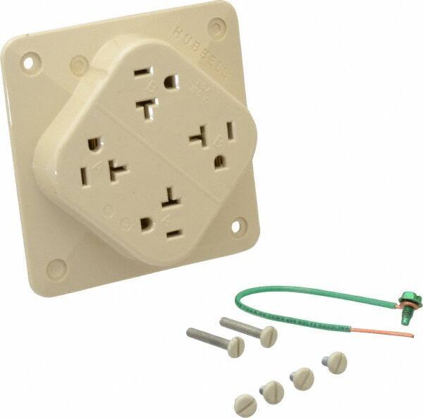 Hubbell Wiring Device-Kellems - 125 VAC, 20 Amp, 5-20R NEMA Configuration, Ivory, Specification Grade, Self Grounding Fourplex Receptacle - 1 Phase, 2 Poles, 3 Wire, Flush Mount, Impact Resistant - Exact Tool & Supply