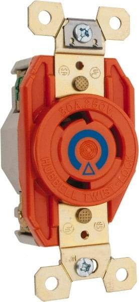 Hubbell Wiring Device-Kellems - 250 VAC, 30 Amp, 6-30R NEMA Configuration, Orange, Industrial Grade, Isolated Ground Single Receptacle - 1 Phase, 2 Poles, 3 Wire, Flush Mount - Exact Tool & Supply