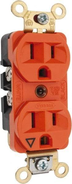 Hubbell Wiring Device-Kellems - 125 VAC, 15 Amp, 5-15R NEMA Configuration, Orange, Specification Grade, Isolated Ground Duplex Receptacle - 1 Phase, 2 Poles, 3 Wire, Flush Mount, Corrosion, Heat and Impact Resistant - Exact Tool & Supply