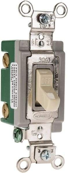 Hubbell Wiring Device-Kellems - 2 Pole, 120 to 277 VAC, 30 Amp, Industrial Grade, Toggle, Wall and Dimmer Light Switch - 1-5/16 Inch Wide x 4-1/16 Inch High - Exact Tool & Supply