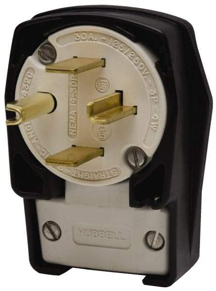 Hubbell Wiring Device-Kellems - 250 VAC, 30 Amp, 15-30P NEMA, Angled, Self Grounding, Commercial, Industrial Grade Plug - 3 Pole, 4 Wire, 3 Phase, 3 hp, Nylon, Black, White - Exact Tool & Supply