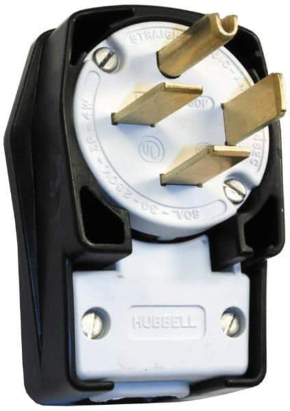 Hubbell Wiring Device-Kellems - 250 VAC, 60 Amp, 15-60P NEMA, Angled, Self Grounding, Commercial, Industrial Grade Plug - 3 Pole, 4 Wire, 3 Phase, 10 hp, Nylon, Black, White - Exact Tool & Supply