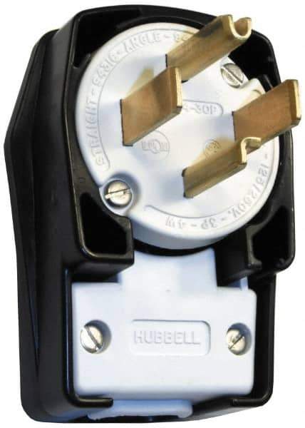 Hubbell Wiring Device-Kellems - 125/250 VAC, 30 Amp, 14-30P NEMA, Angled, Self Grounding, Commercial, Industrial Grade Plug - 3 Pole, 4 Wire, 1 Phase, 2 hp, Nylon, Black, White - Exact Tool & Supply