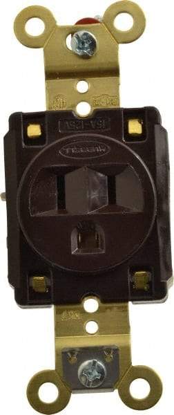 Hubbell Wiring Device-Kellems - 125 VAC, 15 Amp, 5-15R NEMA Configuration, Brown, Specification Grade, Self Grounding Single Receptacle - 1 Phase, 2 Poles, 3 Wire, Flush Mount, Corrosion, Heat and Impact Resistant - Exact Tool & Supply