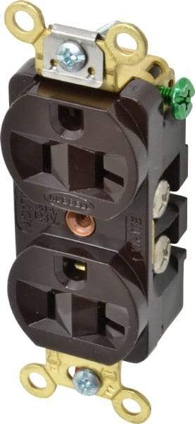 Hubbell Wiring Device-Kellems - 125 VAC, 20 Amp, 5-20R NEMA Configuration, Brown, Industrial Grade, Self Grounding Duplex Receptacle - 1 Phase, 2 Poles, 3 Wire, Flush Mount, Corrosion, Heat and Impact Resistant - Exact Tool & Supply