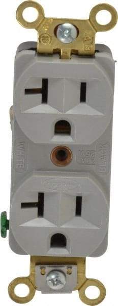 Hubbell Wiring Device-Kellems - 125 VAC, 20 Amp, 5-20R NEMA Configuration, Gray, Industrial Grade, Self Grounding Duplex Receptacle - 1 Phase, 2 Poles, 3 Wire, Flush Mount, Corrosion, Heat and Impact Resistant - Exact Tool & Supply