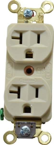 Hubbell Wiring Device-Kellems - 125 VAC, 20 Amp, 5-20R NEMA Configuration, Ivory, Industrial Grade, Self Grounding Duplex Receptacle - 1 Phase, 2 Poles, 3 Wire, Flush Mount, Corrosion, Heat and Impact Resistant - Exact Tool & Supply