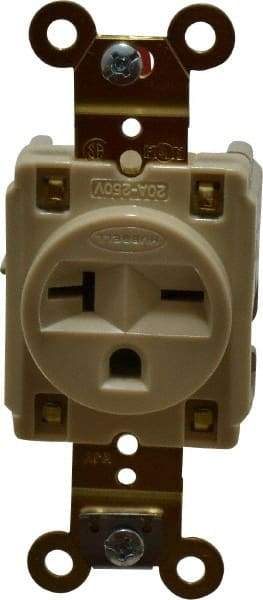 Hubbell Wiring Device-Kellems - 250 VAC, 20 Amp, 6-20R NEMA Configuration, Ivory, Specification Grade, Self Grounding Single Receptacle - 1 Phase, 2 Poles, 3 Wire, Flush Mount - Exact Tool & Supply
