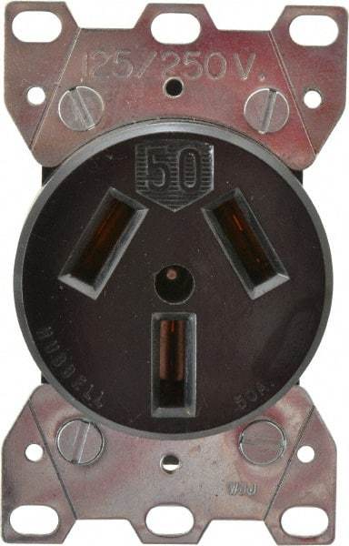 Hubbell Wiring Device-Kellems - 125/250 VAC, 50 Amp, 10-50R NEMA Configuration, Black, Specification Grade, Ungrounded Single Receptacle - 1 Phase, 3 Poles, 3 Wire, Flush Mount - Exact Tool & Supply