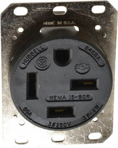 Hubbell Wiring Device-Kellems - 250 VAC, 60 Amp, 15-60R NEMA Configuration, Black, Industrial Grade, Self Grounding Single Receptacle - 1 Phase, 3 Poles, 4 Wire, Flush Mount - Exact Tool & Supply