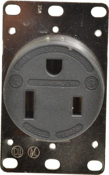 Hubbell Wiring Device-Kellems - 250 VAC, 50 Amp, 6-50R NEMA Configuration, Black, Industrial Grade, Self Grounding Single Receptacle - 1 Phase, 2 Poles, 3 Wire, Flush Mount - Exact Tool & Supply