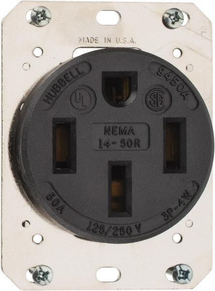 Hubbell Wiring Device-Kellems - 125/250 VAC, 50 Amp, 14-50R NEMA Configuration, Black, Industrial Grade, Self Grounding Single Receptacle - 1 Phase, 3 Poles, 4 Wire, Flush Mount - Exact Tool & Supply