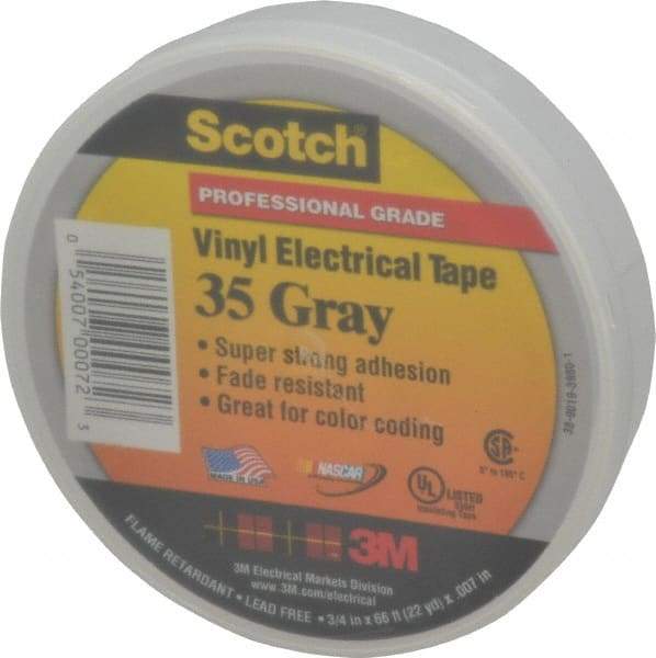 3M - 3/4" x 66', Gray Vinyl Electrical Tape - Series 35, 7 mil Thick, 1,250 V/mil Dielectric Strength, 17 Lb./Inch Tensile Strength - Exact Tool & Supply