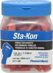 Thomas & Betts - 22 to 18 AWG, Nylon, Fully Insulated, Female Wire Disconnect - 1/4 Inch Wide Tab, Red, CSA Certified, RoHS Compliant, UL 94 V-2, UL File E66716, UL Listed - Exact Tool & Supply