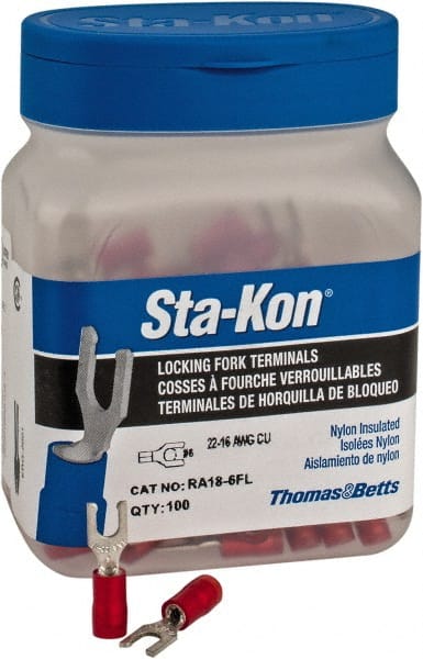 Thomas & Betts - #6 Stud, 22 to 16 AWG Compatible, Partially Insulated, Crimp Connection, Locking Fork Terminal - Exact Tool & Supply