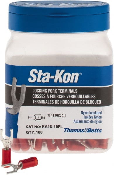 Thomas & Betts - #10 Stud, 22 to 16 AWG Compatible, Partially Insulated, Crimp Connection, Locking Fork Terminal - Exact Tool & Supply