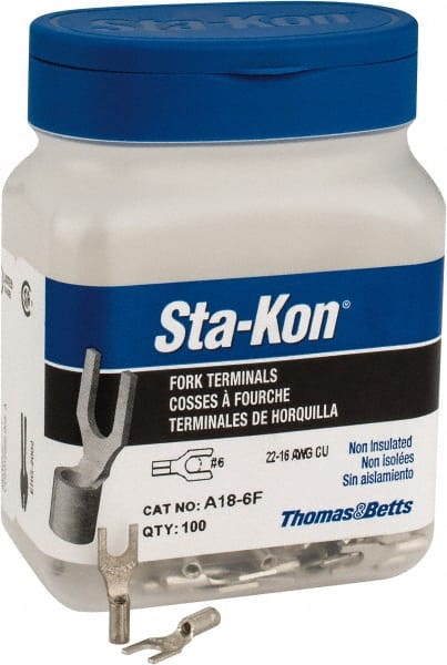 Thomas & Betts - #6 Stud, 22 to 16 AWG Compatible, Noninsulated, Crimp Connection, Standard Fork Terminal - Exact Tool & Supply