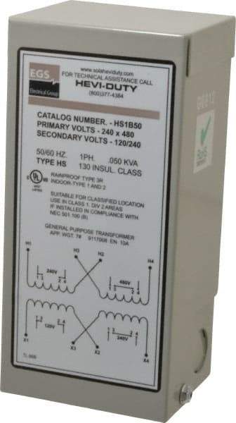 Sola/Hevi-Duty - 1 Phase, 240-480 Volt Input, 120/240 Volt Output, 60 Hz, 0.05 kVA, General Purpose Transformer - 4, 12, 3R, 4X NEMA Rating, 176°F Temp Rise, 4 Inch Wide x 3 Inch Deep x 6 Inch High, Indoor, Outdoor, Wall Mount - Exact Tool & Supply
