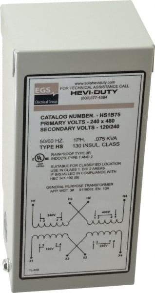 Sola/Hevi-Duty - 1 Phase, 240-480 Volt Input, 120/240 Volt Output, 60 Hz, 0.08 kVA, General Purpose Transformer - 4, 12, 3R, 4X NEMA Rating, 176°F Temp Rise, 4 Inch Wide x 3 Inch Deep x 6 Inch High, Indoor, Outdoor, Wall Mount - Exact Tool & Supply