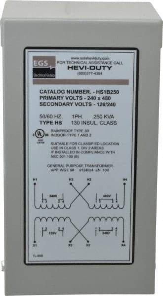 Sola/Hevi-Duty - 1 Phase, 240-480 Volt Input, 120/240 Volt Output, 60 Hz, 1/4 kVA, General Purpose Transformer - 4, 12, 3R, 4X NEMA Rating, 176°F Temp Rise, 4 Inch Wide x 4 Inch Deep x 8 Inch High, Indoor, Outdoor, Wall Mount - Exact Tool & Supply