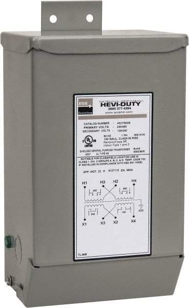 Sola/Hevi-Duty - 1 Phase, 240-480 Volt Input, 120/240 Volt Output, 60 Hz, 0.5 kVA, General Purpose Transformer - 4, 12, 3R, 4X NEMA Rating, 239°F Temp Rise, 6 Inch Wide x 5 Inch Deep x 10 Inch High, Indoor, Outdoor, Wall Mount - Exact Tool & Supply