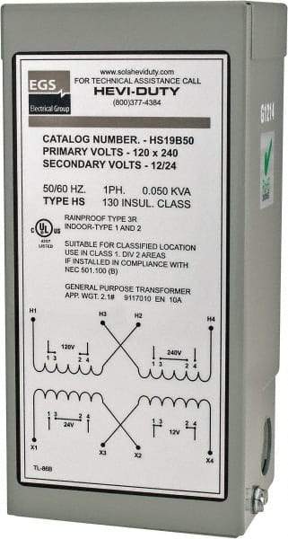 Sola/Hevi-Duty - 120/240 Input Volt, 12/24 Output Volt, 60 Hz, Buck Boost Transformer - 1 Phase, 4 Inch Wide x 3 Inch Deep x 6 Inch High, cULus Listed E77014 - Exact Tool & Supply