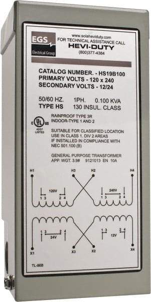 Sola/Hevi-Duty - 120/240 Input Volt, 12/24 Output Volt, 60 Hz, Buck Boost Transformer - 1 Phase, 4 Inch Wide x 3 Inch Deep x 6 Inch High, cULus Listed E77014 - Exact Tool & Supply