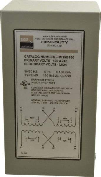 Sola/Hevi-Duty - 120/240 Input Volt, 12/24 Output Volt, 60 Hz, Buck Boost Transformer - 1 Phase, 4 Inch Wide x 4 Inch Deep, cULus Listed E77014 - Exact Tool & Supply