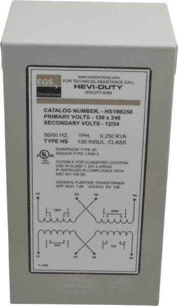 Sola/Hevi-Duty - 120/240 Input Volt, 12/24 Output Volt, 60 Hz, Buck Boost Transformer - 1 Phase, 4 Inch Wide x 4 Inch Deep, cULus Listed E77014 - Exact Tool & Supply