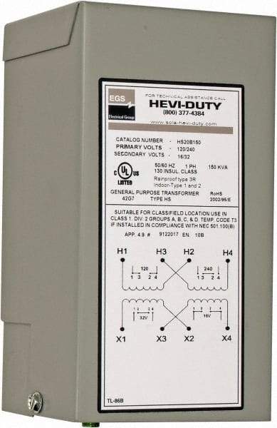 Sola/Hevi-Duty - 120/240 Input Volt, 16/32 Output Volt, 60 Hz, Buck Boost Transformer - 1 Phase, 4 Inch Wide x 4 Inch Deep x 8 Inch High, cULus Listed E77014 - Exact Tool & Supply