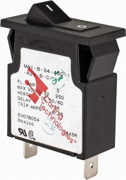 Carling Switch - 5 Amp, 277 VAC, 65 VDC, 1 Pole, Panel Mount Miniature Circuit Breaker - Hydraulic Magnetic Trip, 38.8mm Deep x 39.62mm High x 35.41mm Wide - Exact Tool & Supply