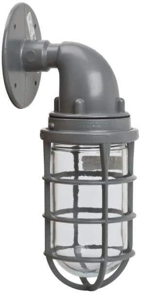 Hubbell Killark - 150 Watt, 2,800 Lumen, 120-240 Volt, Incandescent Wall Pack Light Fixture - Glass Lens, Aluminum Housing, Gray, Wall Mount, 4-5/8" Deep x 7-5/8" High x 4-1/4" Wide - Exact Tool & Supply