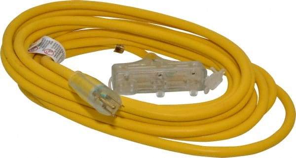 Southwire - 25', 12/3 Gauge/Conductors, Yellow Indoor & Outdoor Extension Cord - 1 Receptacle, 15 Amps, 125 VAC, UL SJTW-A, NEMA 5-15P, 5-15R x 3 - Exact Tool & Supply