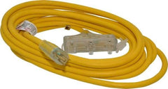 Southwire - 25', 12/3 Gauge/Conductors, Yellow Indoor & Outdoor Extension Cord - 1 Receptacle, 15 Amps, 125 VAC, UL SJTW-A, NEMA 5-15P, 5-15R x 3 - Exact Tool & Supply