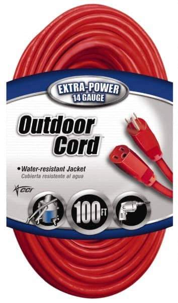 Southwire - 100', 14/3 Gauge/Conductors, Red Indoor & Outdoor Extension Cord - 1 Receptacle, 13 Amps, 125 VAC, UL SJTW, NEMA 5-15P, 5-15R - Exact Tool & Supply
