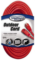Southwire - 100', 14/3 Gauge/Conductors, Red Indoor & Outdoor Extension Cord - 1 Receptacle, 13 Amps, 125 VAC, UL SJTW, NEMA 5-15P, 5-15R - Exact Tool & Supply