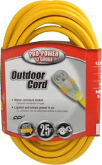 Southwire - 25', 12/3 Gauge/Conductors, Yellow Indoor & Outdoor Extension Cord - 1 Receptacle, 15 Amps, 125 VAC, UL SJTW, NEMA 5-15P, 5-15R - Exact Tool & Supply