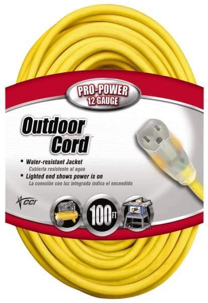 Southwire - 100', 12/3 Gauge/Conductors, Yellow Indoor & Outdoor Extension Cord - 1 Receptacle, 15 Amps, 125 VAC, UL SJTW, NEMA 5-15P, 5-15R - Exact Tool & Supply
