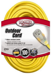 Southwire - 100', 12/3 Gauge/Conductors, Yellow Indoor & Outdoor Extension Cord - 1 Receptacle, 15 Amps, 125 VAC, UL SJTW, NEMA 5-15P, 5-15R - Exact Tool & Supply