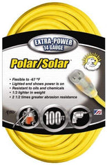Southwire - 100', 14/3 Gauge/Conductors, Yellow Outdoor Extension Cord - 1 Receptacle, 13 Amps, 125 VAC, UL SJEOOW, NEMA 5-15P, 5-15R - Exact Tool & Supply