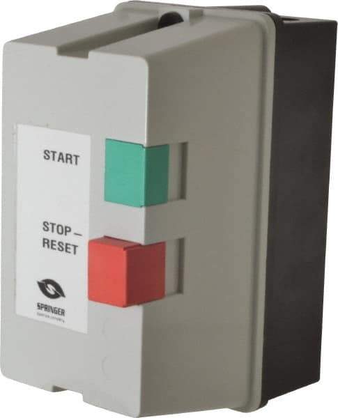 Springer - 32 Amp, 120 Coil VAC, 60 Hz, Nonreversible Enclosed IEC Motor Starter - Pushbutton Start Stop, 3 Phase Hp: 10 at 230 Volt, 20 at 460 Volt, 25 at 575 Volt - Exact Tool & Supply