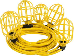 Value Collection - 5 Socket, 4 Conductor, 125 VAC, 15 Amp, Temporary String Light - 50' SJTW-A Cord, Yellow, Plastic, Includes Lamp Guard - Exact Tool & Supply