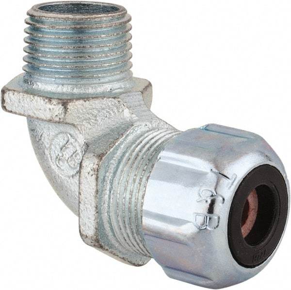 Thomas & Betts - 1/8 to 1/4" Cable Capacity, Liquidtight, Elbow Strain Relief Cord Grip - 1/2 NPT Thread, Iron - Exact Tool & Supply