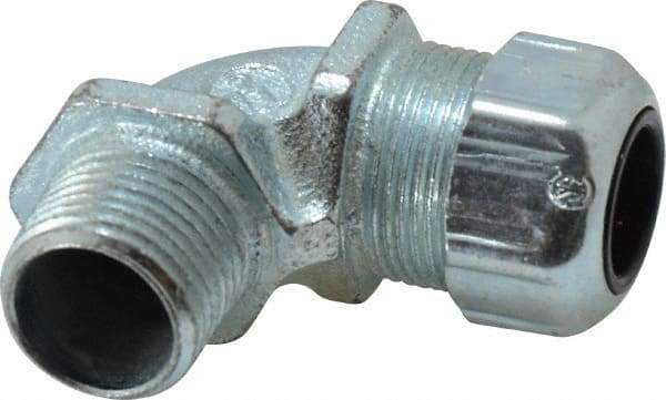 Thomas & Betts - 0.45 to 0.56" Cable Capacity, Liquidtight, Elbow Strain Relief Cord Grip - 1/2 NPT Thread, Iron - Exact Tool & Supply
