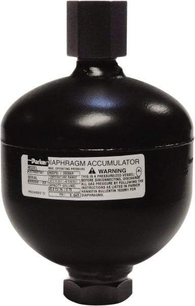 Parker - 170 Lb. Capacity, 3,620 psi Max Working Pressure, 10.47" High, Hydrin Diaphragm Accumulator - 6.63" Diam, 8 SAE Port Thread - Exact Tool & Supply