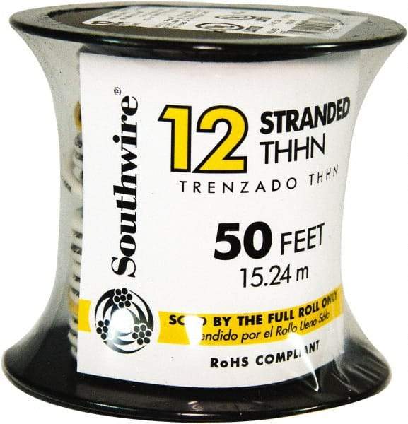 Southwire - THHN/THWN, 12 AWG, 20 Amp, 50' Long, Stranded Core, 19 Strand Building Wire - White, Thermoplastic Insulation - Exact Tool & Supply