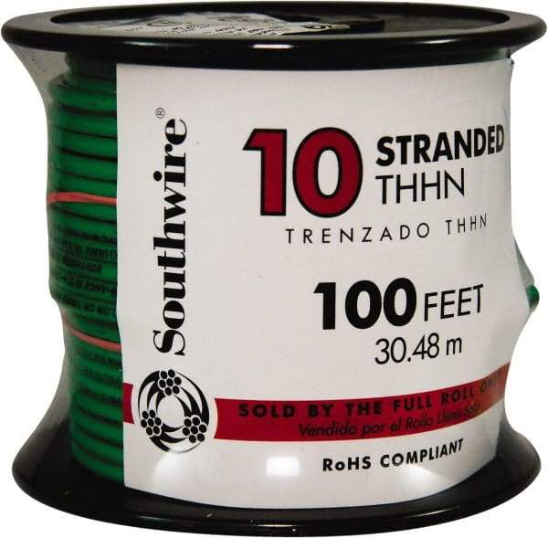 Southwire - THHN/THWN, 10 AWG, 30 Amp, 100' Long, Stranded Core, 19 Strand Building Wire - Green, Thermoplastic Insulation - Exact Tool & Supply