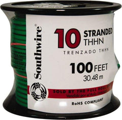 Southwire - THHN/THWN, 10 AWG, 30 Amp, 100' Long, Stranded Core, 19 Strand Building Wire - Green, Thermoplastic Insulation - Exact Tool & Supply