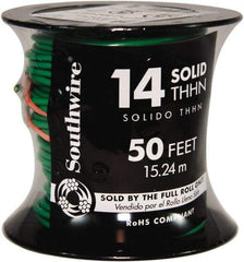 Southwire - THHN/THWN, 14 AWG, 15 Amp, 100' Long, Solid Core, 1 Strand Building Wire - Green, Thermoplastic Insulation - Exact Tool & Supply