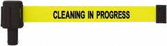Banner Stakes - 6.61" High x 15' Long x 2-1/2" Wide Retractable Barrier Belt - Plastic & Polyester, Matte Finish, Yellow, Use with Banner Stakes Plus Stanchion, Banner Stakes Plus Base - Exact Tool & Supply